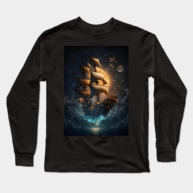 Fantasy Flying Pirate Ghost Ship Long Sleeve T-Shirt by Art-Jiyuu